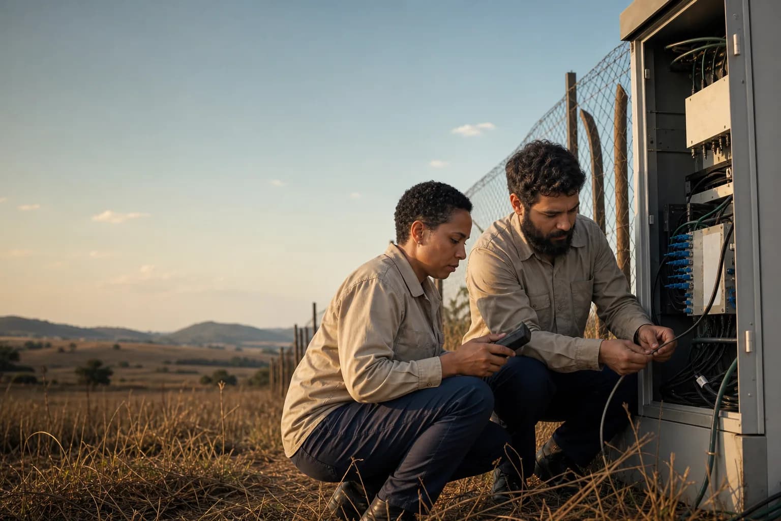 Duas pessoas técnicas, de camisa de trabalho bege, agachadas ao lado de um armário de equipamentos aberto em um pátio de serviço rural no fim da tarde.