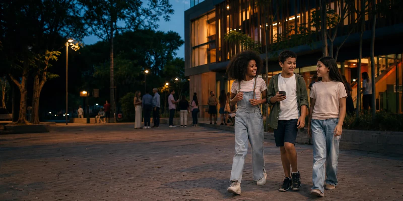Três crianças caminham juntas por uma praça de centro comunitário no fim da tarde, com adultos ao fundo.