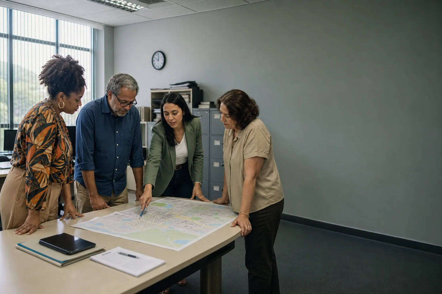 Reunião de trabalho em um escritório de administração pública brasileira: quatro pessoas de idades e tons de pele variados observam juntas um mapa impresso de um distrito da cidade sobre a mesa.