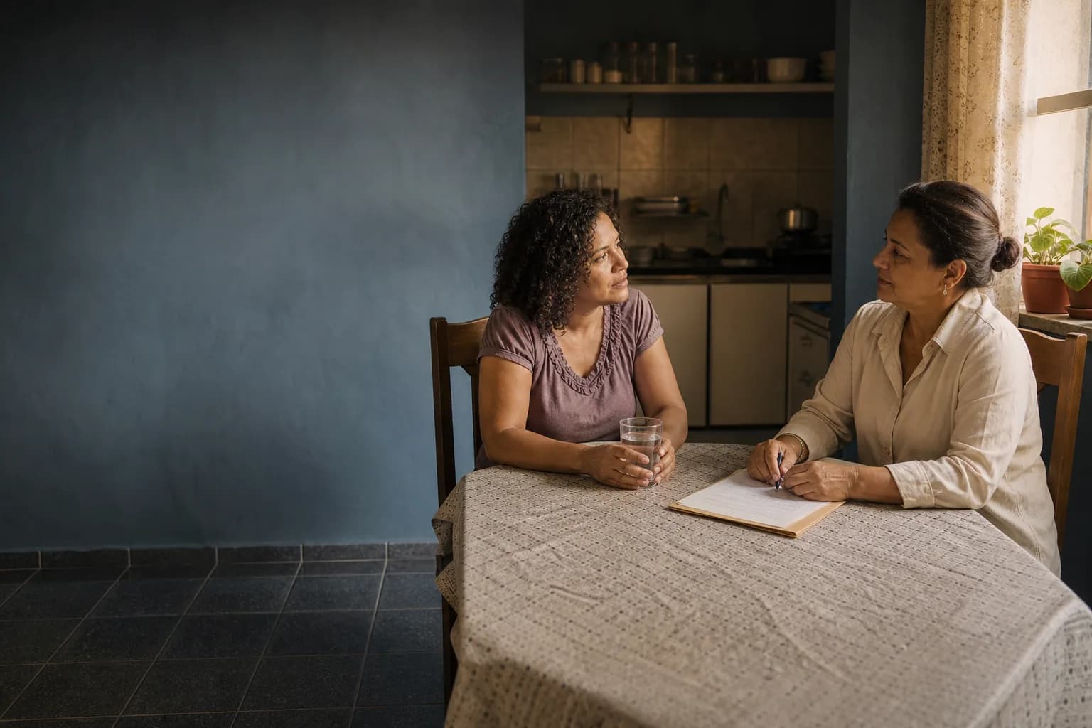 Duas mulheres adultas conversam sentadas à mesa de uma cozinha simples ao fim da tarde; à direita, uma profissional de acolhimento ouve com uma pasta e uma caneta à frente.